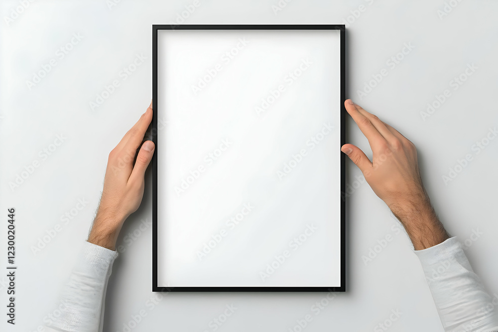 Hands holding blank frame, white background, mockup