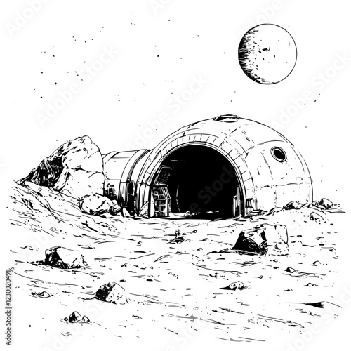 Futuristic lunar habitat with surrounding terrain exposed under distant celestial body