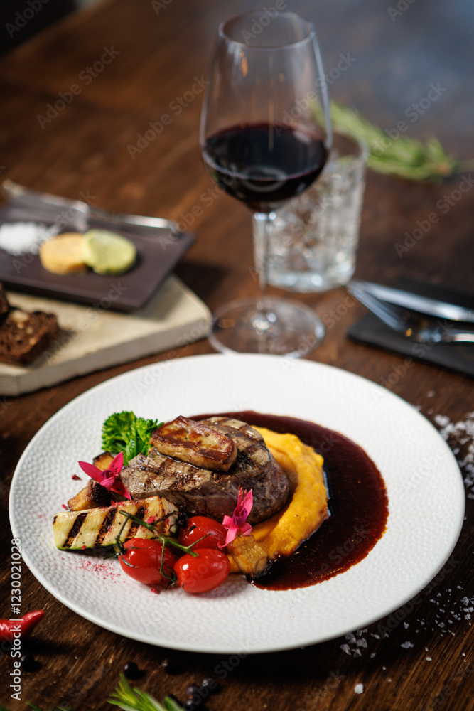 Succulent beef filet with foie gras, served with velvety mashed sweet potatoes, grilled zucchini, and cherry tomatoes. A gourmet meal in a sophisticated dining setting