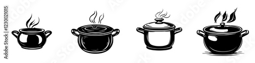 Different styles of cooking pots with steam rising in a minimalist illustration, highlighting kitchen essentials for culinary enthusiasts