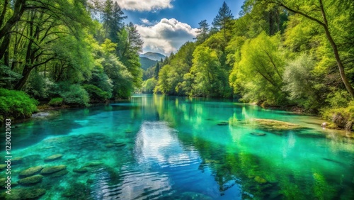 A crystal-clear turquoise river flows peacefully through a tranquil forest, reflecting the surrounding foliage and trees, creating a sense of stillness and calm, serenity, calm