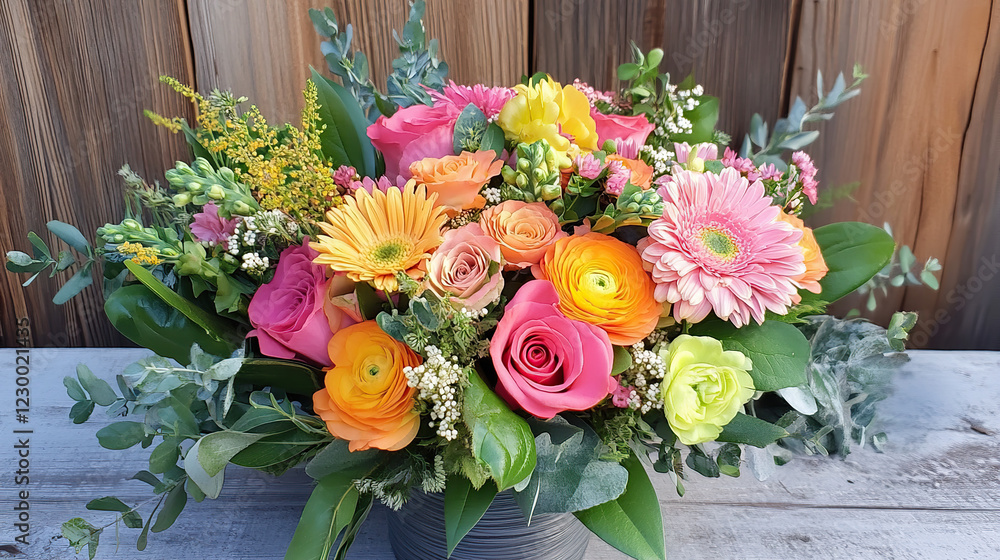 Fototapeta premium Vibrant bouquet of mixed flowers with greenery in a rustic setting