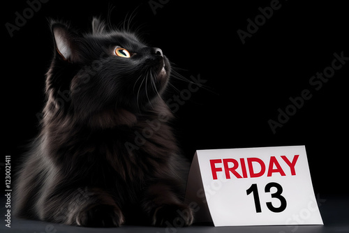 Tear-off calendar with Friday 13 in bold letters and black cat sitting gracefully near it photo