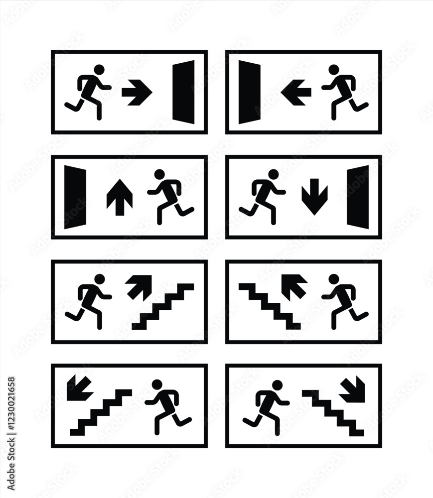 Naklejka premium Set of emergency exit signs, fire exit labels. Exit door sign set, emergency fire exit label