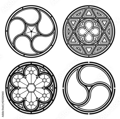 Set of silhouettes of cathedral round gothic windows