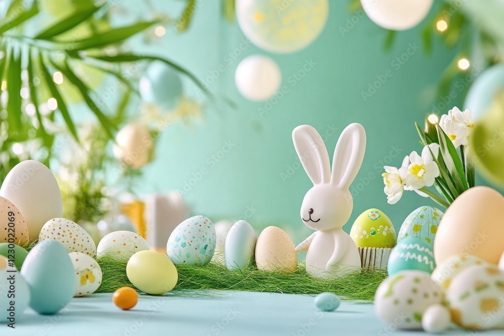 Festive easter arrangement with decorative eggs and bunny on pastel background. Festive easter arrangement with decorative eggs and bunny on pastel background.