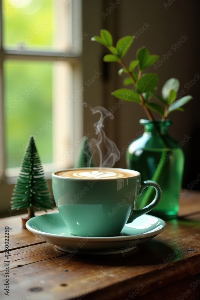 Steaming coffee, tiny trees, green vase, rustic wood , vase, comfort Steaming coffee, tiny trees, green vase, rustic wood , vase, comfort