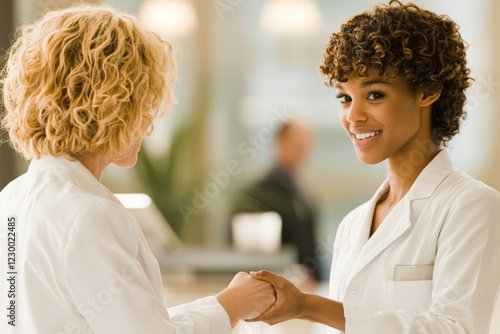 A reluctant employee shaking hands with their new boss on their first day, with a mix of unease and optimism in their expression photo