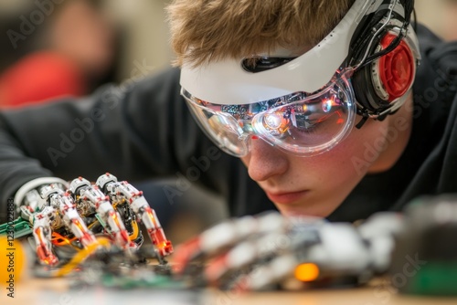 A robotics engineer testing a prototype robot, showcasing its functions with confidence and technical proficiency