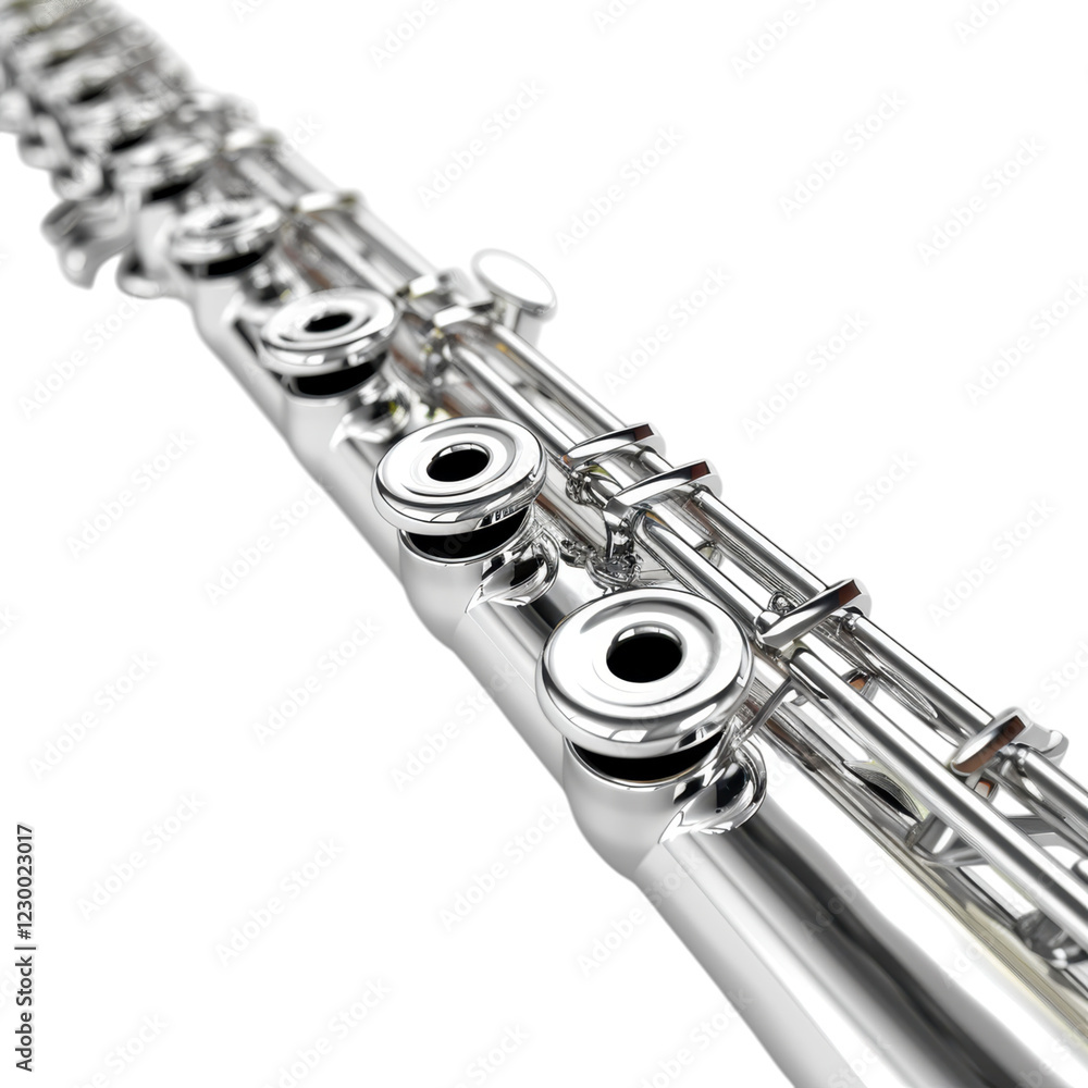Naklejka premium Close-up of a Silver Flute with Detailed Keys and Elegant Design