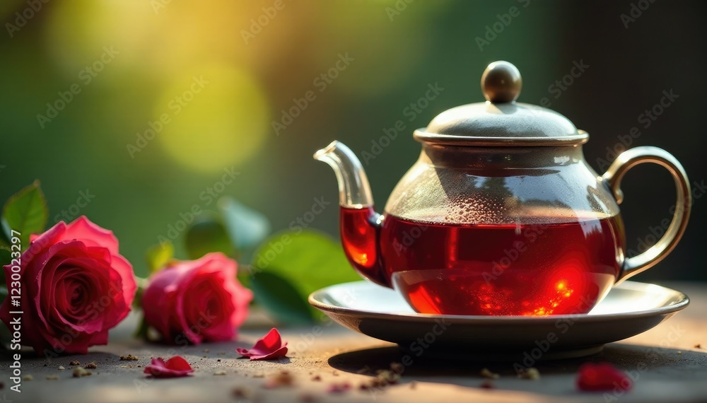 A gentle stream of rose tea flows from the teapot's spout into a waiting glass cup, flow,