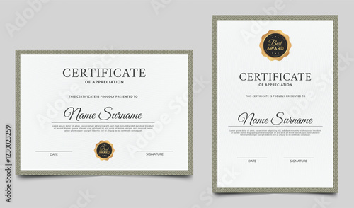 Minimalist certificate border template with badge and lines pattern. Diploma award layout vector design