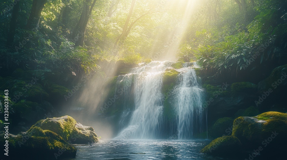 Sunlit waterfall in lush forest, tranquil scene, nature background, travel poster Sunlit waterfall in lush forest, tranquil scene, nature background, travel poster