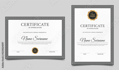 Minimalist certificate border template with badge and lines pattern. Diploma award layout vector design