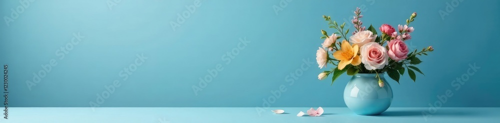 A serene blue background featuring a single elegant vase filled with fresh flowers and foliage, vases, garden A serene blue background featuring a single elegant vase filled with fresh flowers and foliage, vases, garden