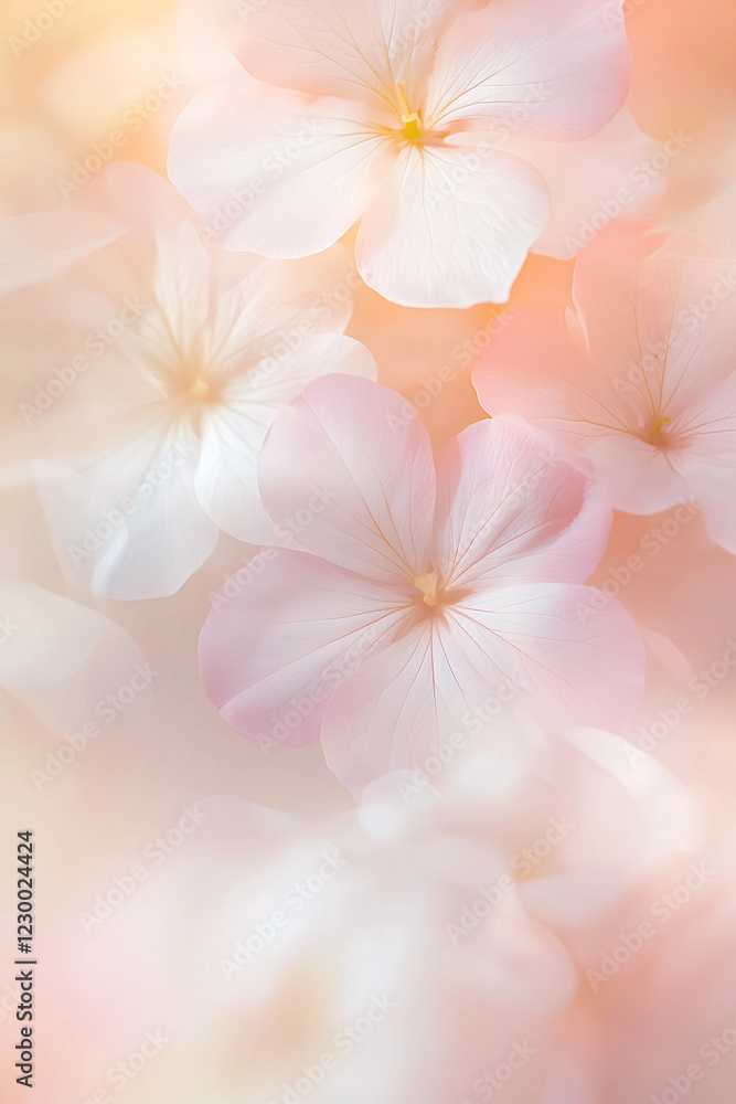 Delicate pastel-colored flowers in soft focus, illuminated by warm light, creating a dreamy and romantic floral composition. Delicate pastel-colored flowers in soft focus, illuminated by warm light, creating a dreamy and romantic floral composition.
