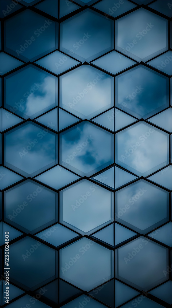Fototapeta premium Hexagonal building facade, cloudy sky. Architecture design