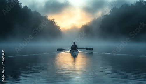 Silhouette of a person rowing in a boat on a misty lake at dawn photo