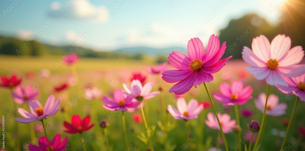 Vibrant cosmos flowers sway gently in a summer field , background, element Vibrant cosmos flowers sway gently in a summer field , background, element