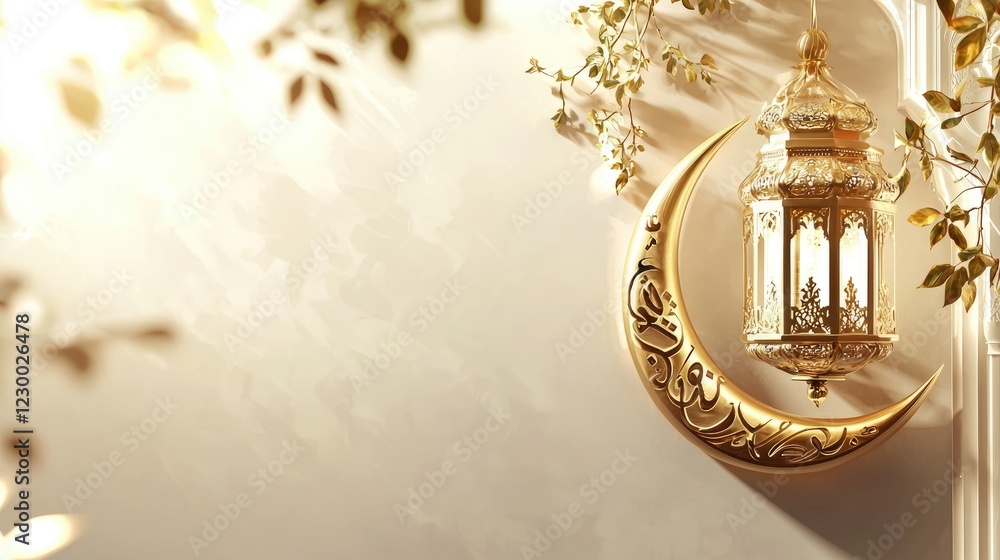 Fototapeta premium Golden Ramadan Lantern and Crescent Moon Festive Decoration