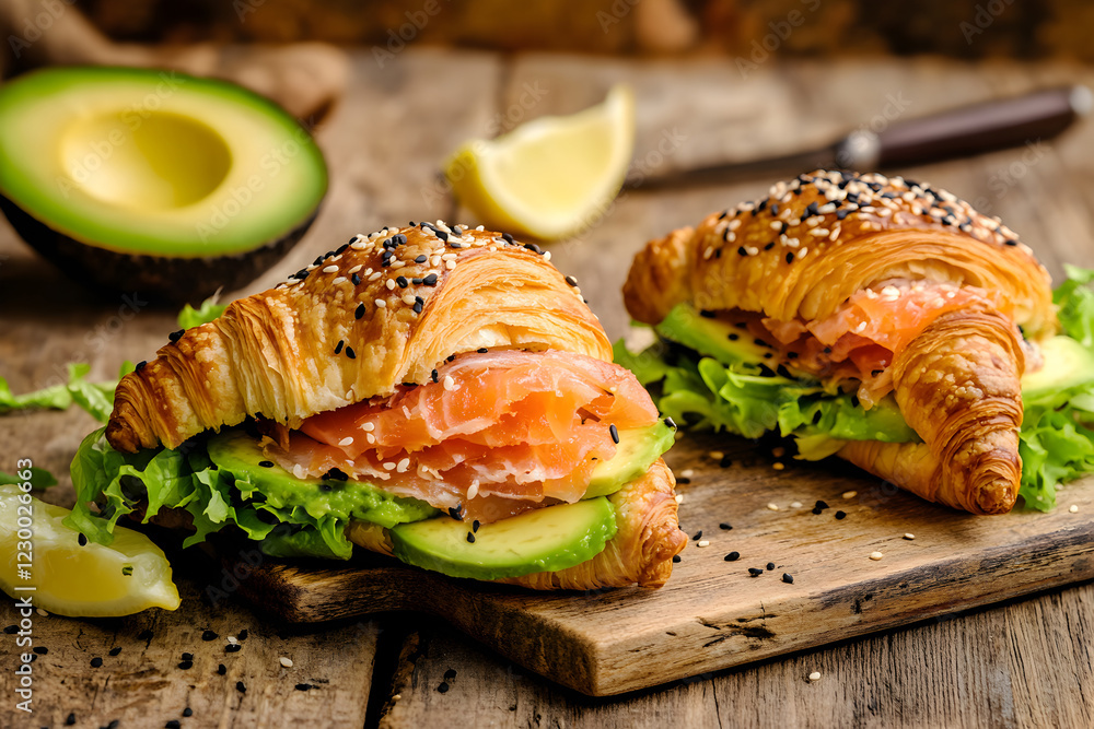 Rustic croissants with layers of vibrant smoked salmon, fresh avocado slices and green lettuce Rustic croissants with layers of vibrant smoked salmon, fresh avocado slices and green lettuce