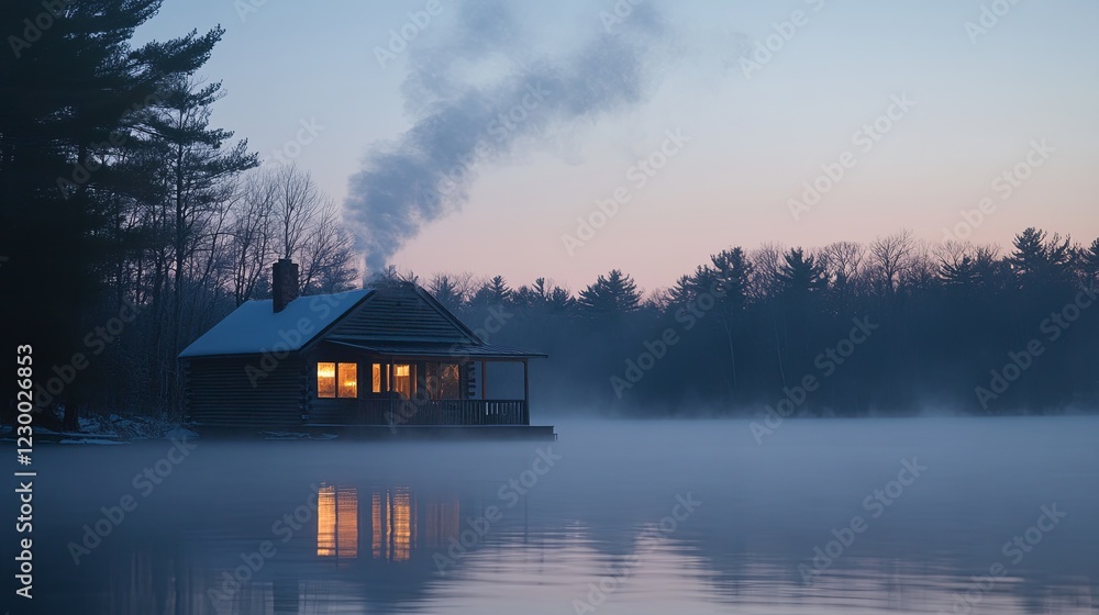A lakeside cabin surrounded by frost and emitting soft chimney smoke. picture A lakeside cabin surrounded by frost and emitting soft chimney smoke. picture