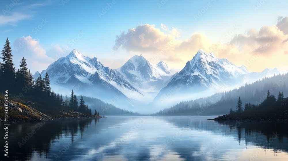 Fototapeta premium Alpine Serenity, tranquil lake mirroring majestic snow-capped mountains, a pristine escape into nature's untouched beauty