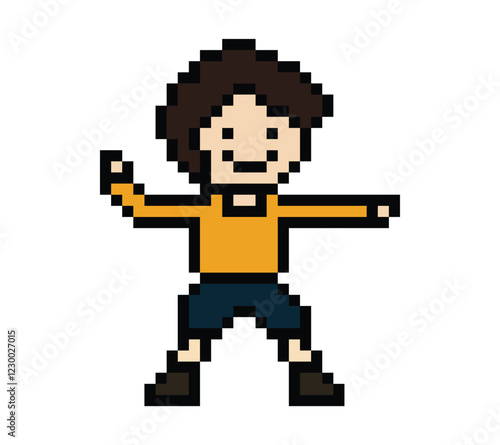 Cute cartoon pixel character cute man exercises training aerobic dance lifestyle music decoration life style 8 bit male boy dance with music game 8bit fitness isolated PNG vector.