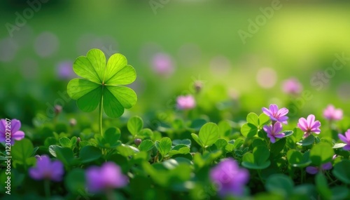 Four-leaf clover growing among lush purple and green clover patches, spring, grassy fields, green