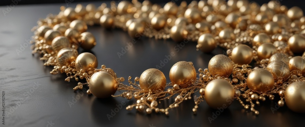 Gold garland with ornaments and beads draped across a surface, gold, holiday Gold garland with ornaments and beads draped across a surface, gold, holiday