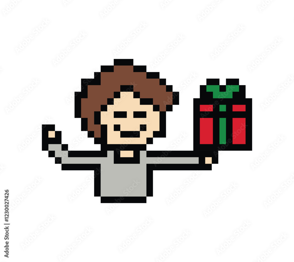 Fototapeta premium Cute pixel cartoon 8bit character man give gift box birthday christmas bonus reward surprise decoration 8 bit male boy give gift box shopping bonus christmas day game 8 bit png vector.