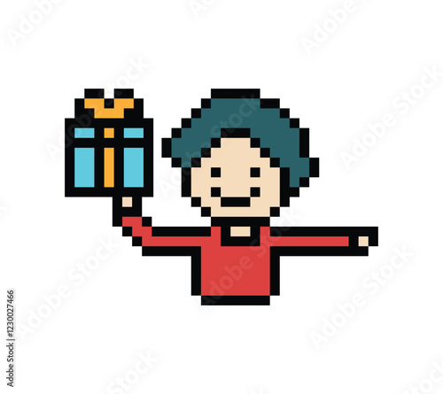 Cute pixel cartoon 8bit character man give gift box birthday christmas bonus reward surprise decoration 8 bit male boy give gift box shopping bonus christmas day game 8 bit png vector.