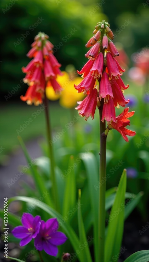 Obraz premium Fritillaria persica flowers in a garden border with other perennials, fritillaria, flowers