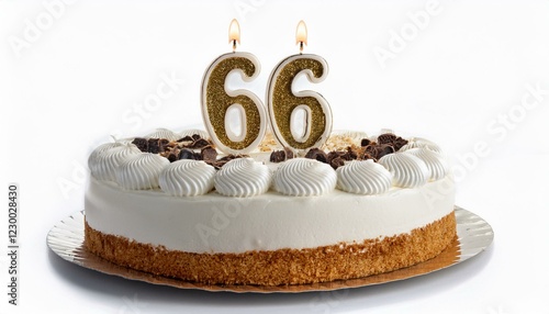 Decorated white cake for birthday or anniversary party, candle number 66, white background photo