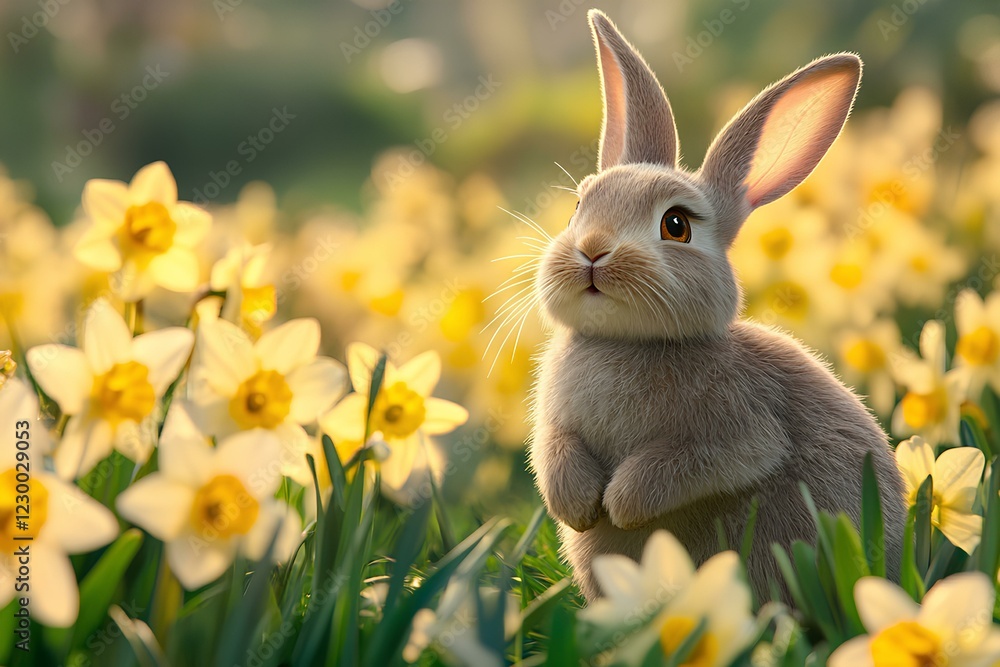 Fototapeta premium Joyful Easter Bunny a Vibrant Daffodil Field, Spring Celebration 