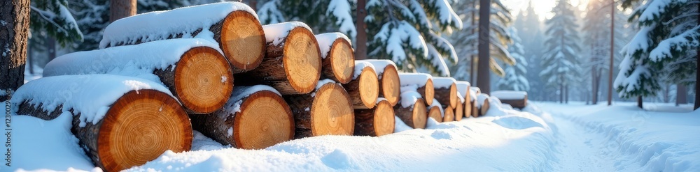 Layered logs stacked high in fresh powder snow, frosty, wilderness, stacking Layered logs stacked high in fresh powder snow, frosty, wilderness, stacking