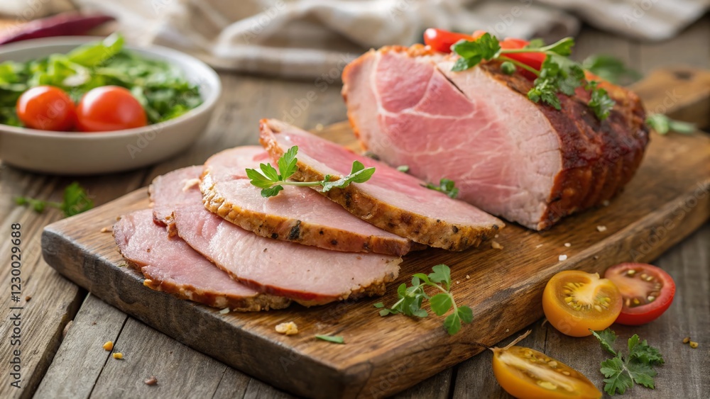 Close-up Macro Shot of Delicious Ham Garnish on Rustic Wooden Table