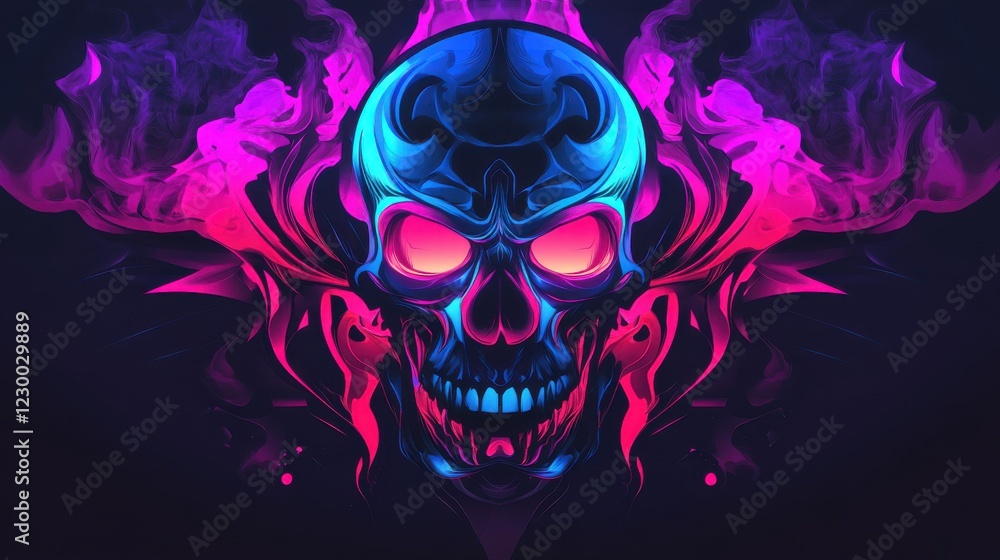 Neon Skull Glowing with Vibrant Pink and Blue Smoke creates a Dark and Spooky Atmosphere. Neon Skull Glowing with Vibrant Pink and Blue Smoke creates a Dark and Spooky Atmosphere.