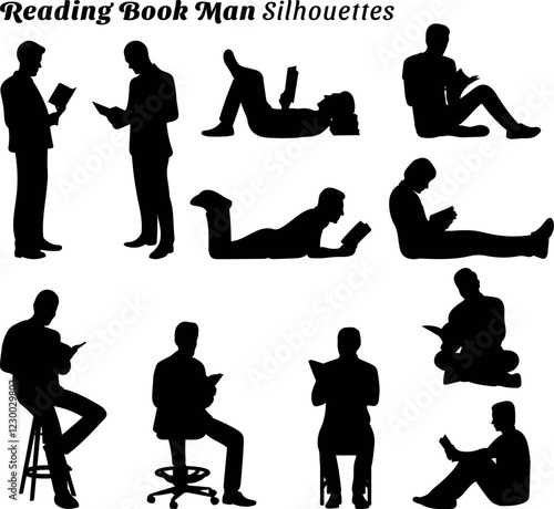 Men reading books, standing, sitting, and relaxing silhouettes vector illustration set