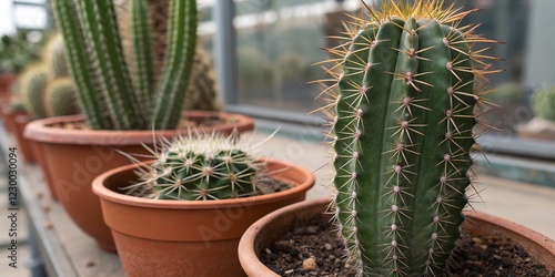 Close-up of a Cereus Peruvianus and Acanthocereus Tetragonus Cactus in Pots photo