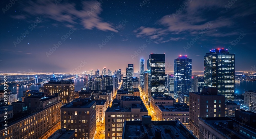 Fototapeta premium Rooftop city view with twinkling city lights at night
