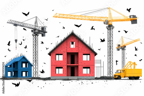 House construction site, cranes, birds photo