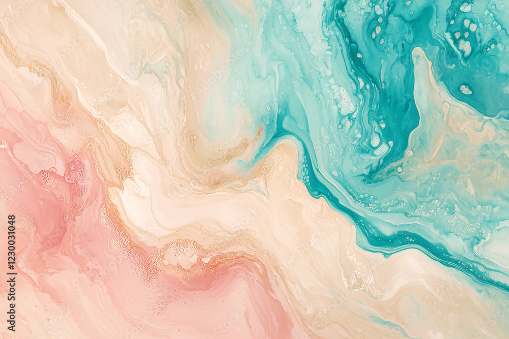 Fototapeta premium An abstract fluid art painting featuring pastel tones of pink, teal, and cream, with smooth flowing patterns and organic textures.