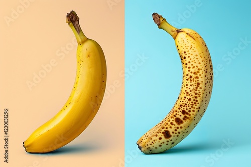 Two bananas side by side: one bright yellow, one with brown spots against complementary backgrounds. Conceptual Still Life: Fresh vs. Wrinkled Fruit photo