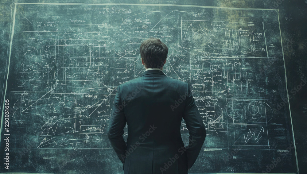 Businessman Analyzing Complex Data on a High-Tech Chalkboard design Businessman Analyzing Complex Data on a High-Tech Chalkboard design