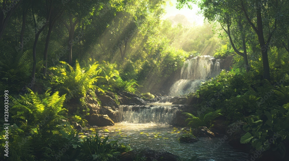 Sunlit Waterfall in Lush Jungle, Tranquil Nature Scene, Background for Relaxation Sunlit Waterfall in Lush Jungle, Tranquil Nature Scene, Background for Relaxation