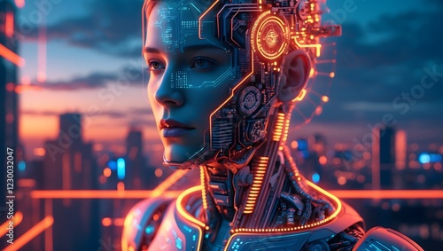 a mesmerizing and vibrant cinematic photograph of a human figure, seamlessly merged with intricate digital circuits and interlocking gears, symbolizing the harmonious bond between humans and artificia photo