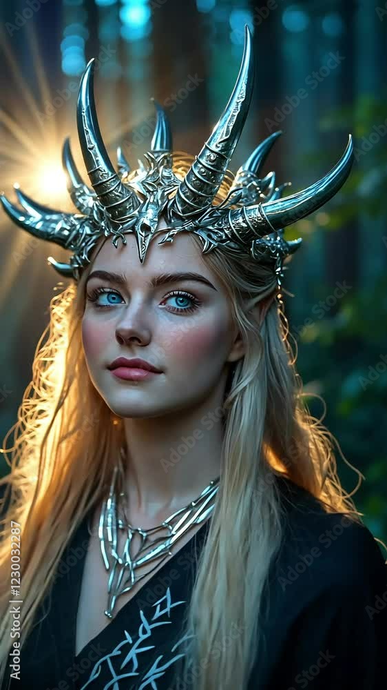 Blonde woman with horns in dark forest, fantasy, magic, mythical creature portrait Blonde woman with horns in dark forest, fantasy, magic, mythical creature portrait