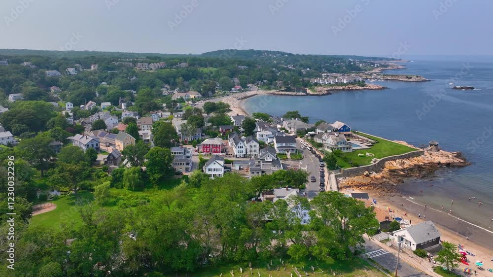 Aerial view of Front Beach and Rockport Harbor including Bearskin Neck and Motif Number 1 building in historic waterfront village of Rockport, Massachusetts MA, USA. 