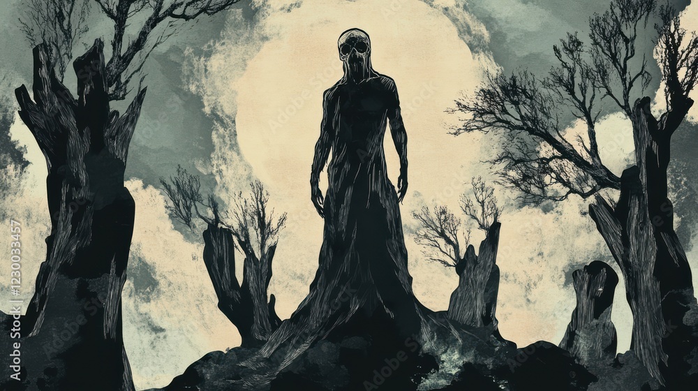 Dark Fantasy Grim Reaper Skull Figure in a Spooky Forest Landscape Dark Fantasy Grim Reaper Skull Figure in a Spooky Forest Landscape